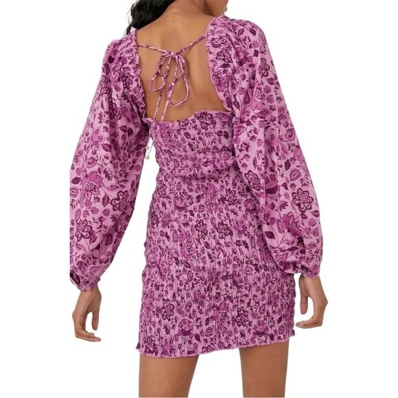 NWT Free People Mini Dress Long Sleeved Bodycon Floral Purple Magenta Size Small - Picture 5 of 14